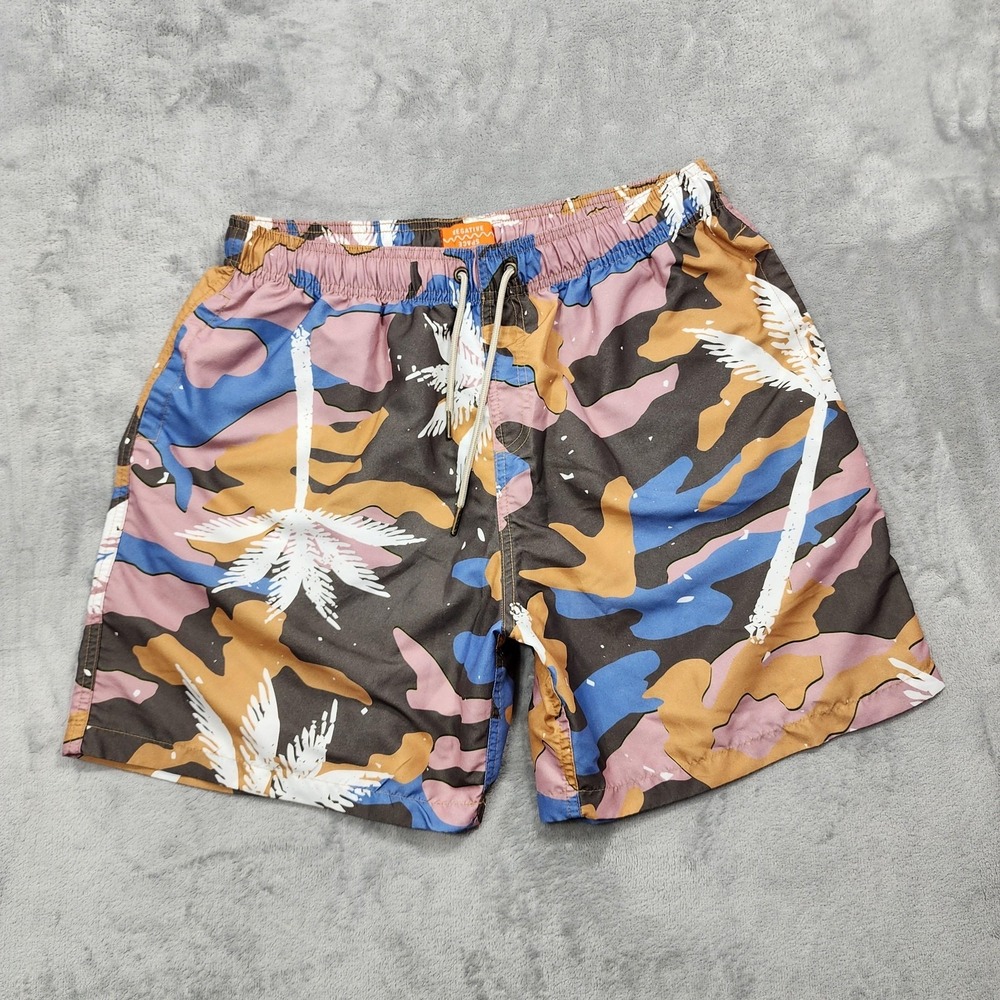 Negative Space Swim Shorts Mens L Multicolor Camo Palm Lined Drawstring Beach